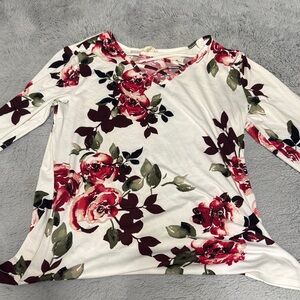 Floral V-Neck Long Sleeve Top in White and Burgundy